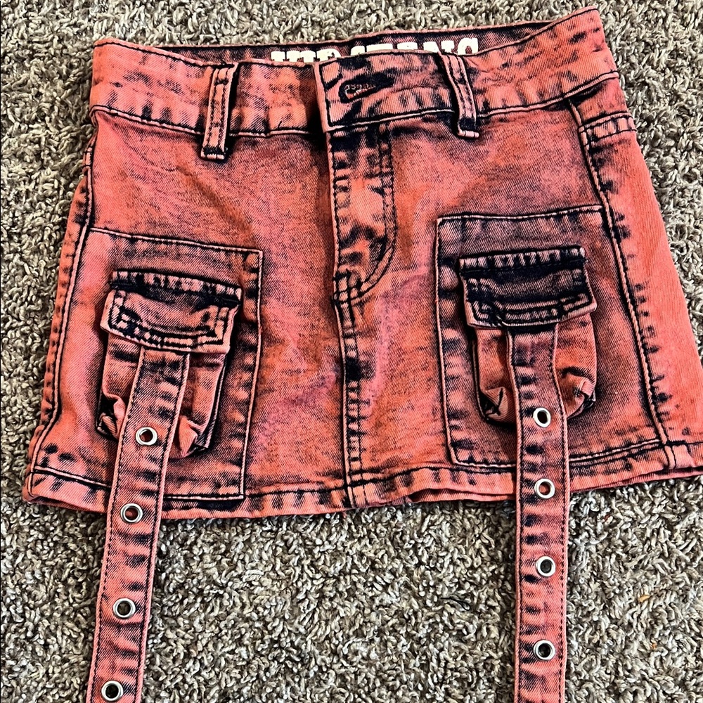 Red Denim Mini Skirt with Pockets